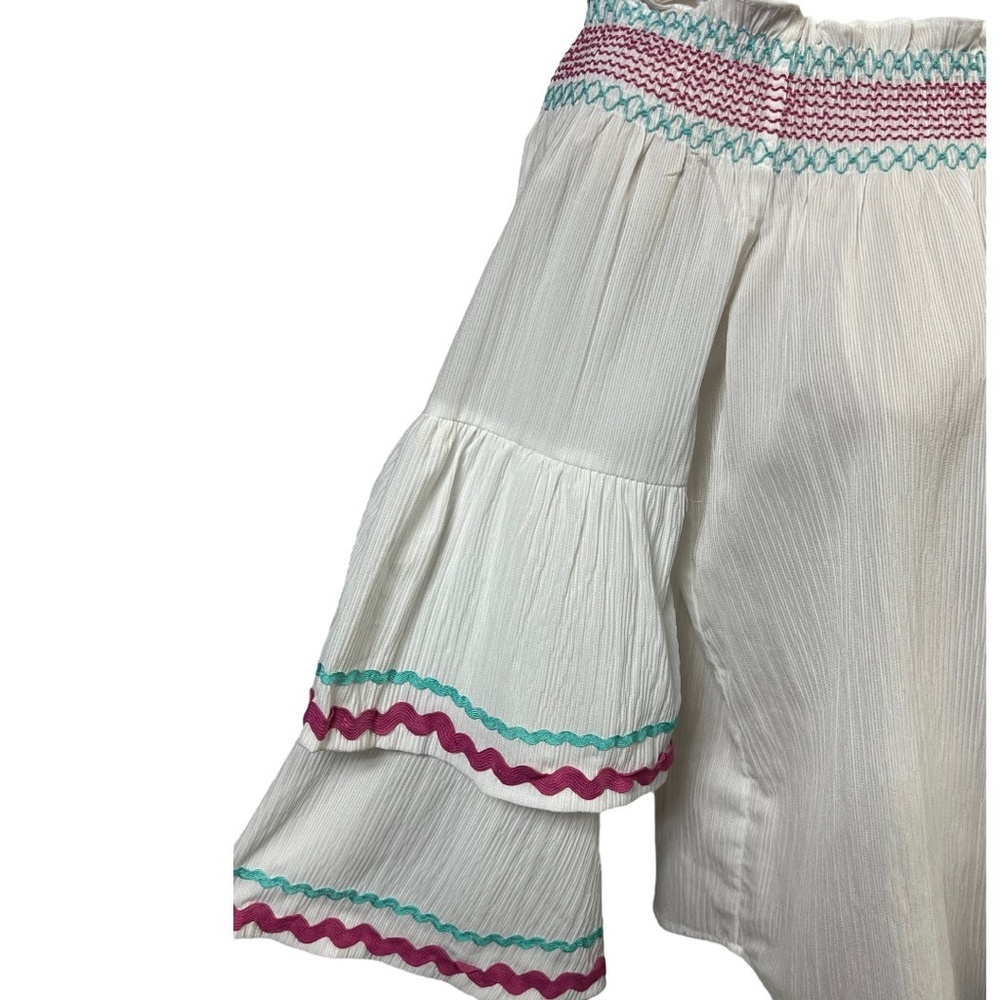 Entro Blouse S White Tiered Sleeve Off Shoulder Smocked Neck Crepe Boho Chic New - Picture 4 of 10